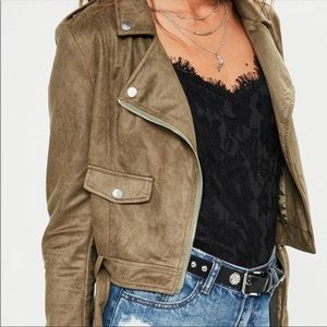 Missguided Faux Vegan Suede Biker Khaki Jacket 12